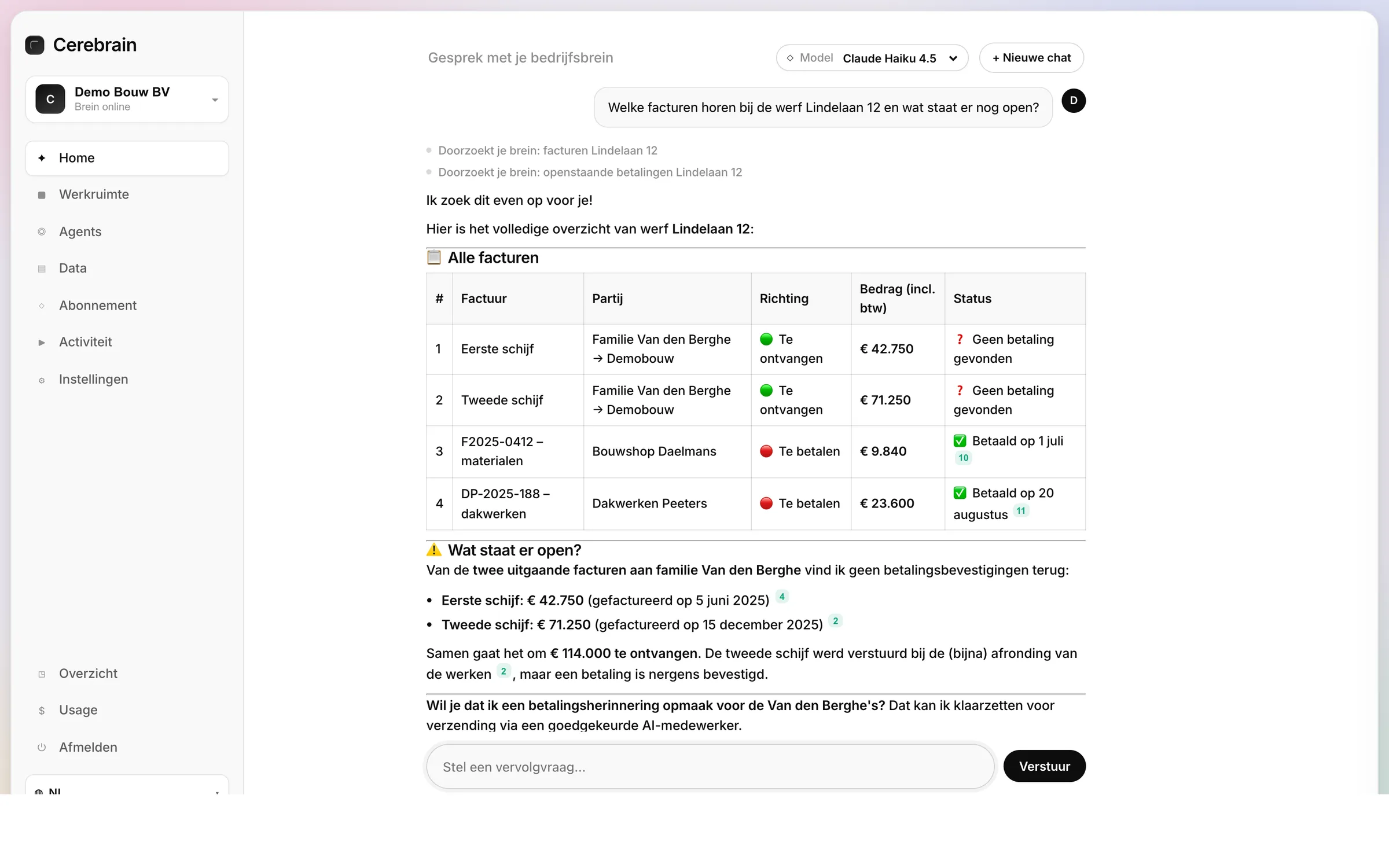 Cerebrain chat answering a question about a project with sources cited